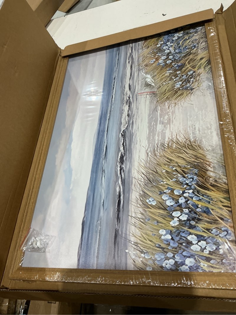 Condition photo showing Good Condition for wood framed coastal beach wall art, vintage floral ocean landscape canvas wall decor paintings, blue boho farmhouse coastal posters prints pictures for living room bedroom bathroom 16x24 inch blue flowers framed 24"l x 16"w