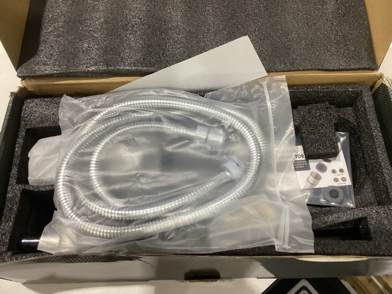 Condition photo showing As Is for proox all metal diverter tub spout, 6 settings hand held shower with on/off pause switch, adjustable slide bar, chrome with silde bar chrome