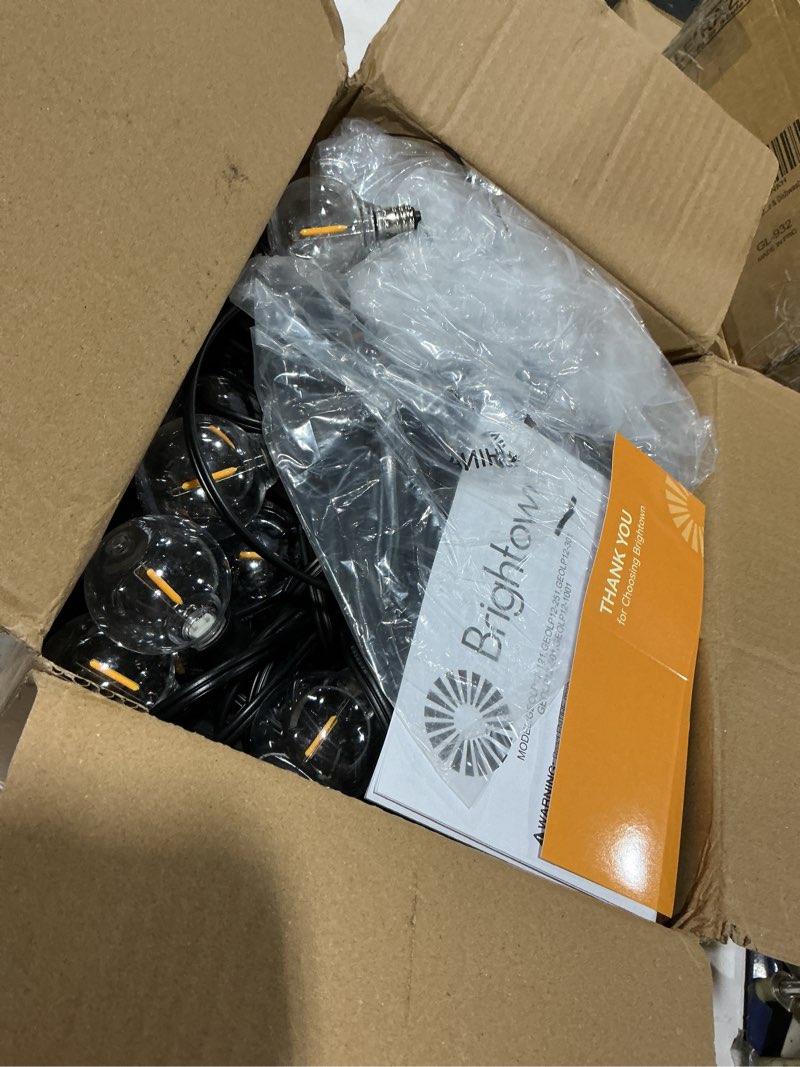 Condition photo showing As Is for brightown led outdoor string light, 109 feet patio lights with 52 edison shatterproof bulbs(2 spare), ul listed waterproof outside lights for backyard balcony party xmas decor, e12 base, connectable black 109ft