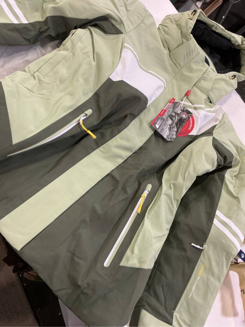 Condition photo showing Good Condition for ski jacket women snowboard coat fitted slim fit snow short windproof waterproof insulated warm removable hood medium light green-dark green