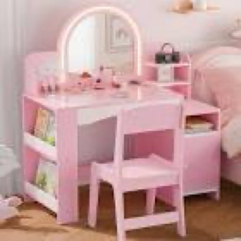 kids vanity with lights and chair, princess makeup vanity desk with mirror bookshelf storage cabinet