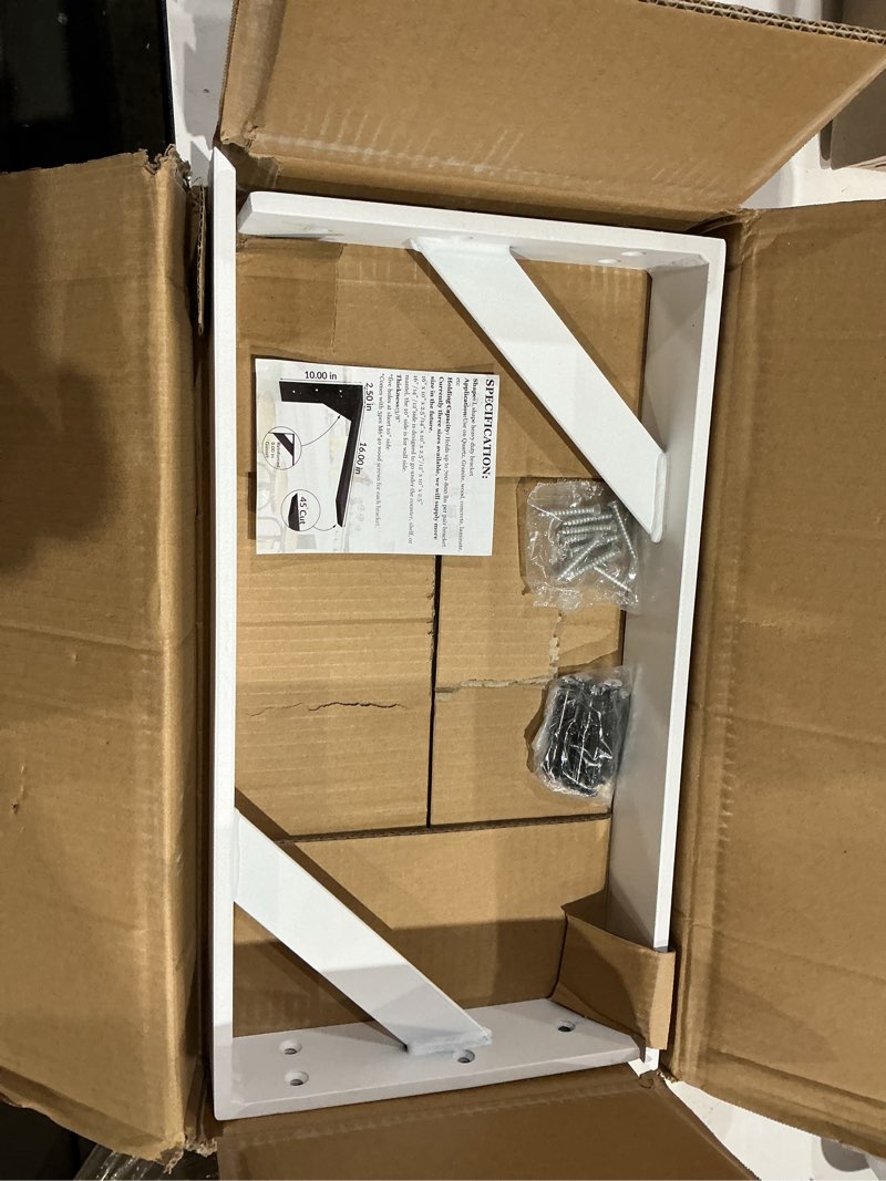 Condition photo showing As Is for heavy duty shelf brackets 2 pack 12\" x 10\" x 2.5\" white steel 3/8\" thick countertop support mantel l bracket for wood granite quartz countertop