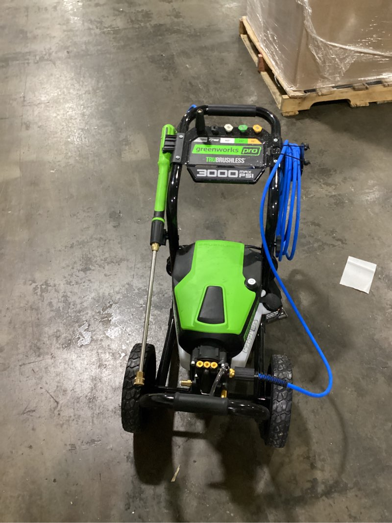 Condition photo showing As Is for greenworks 2700 psi pressure washer (2.3 gpm max) with foam cannon - powerful enough to remove pesky dirt and grime on siding, fences, patios, driveways, and sidewalks