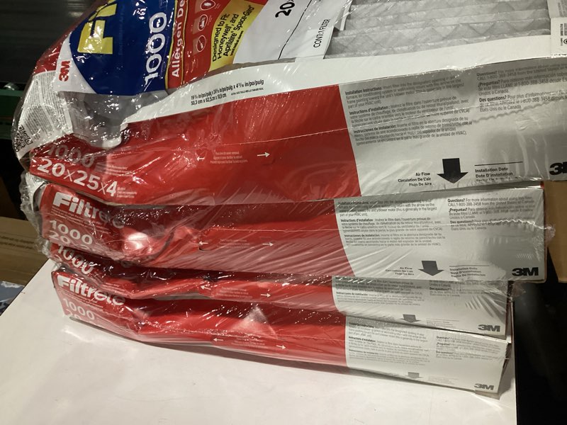 Condition photo showing As Is for *similar to stock* filtrete 20x25x4 air filter merv 11, mpr 1000 micro allergen defense 4-pack, fits honeywell & aprilaire, ac furnace hvac filters for home, pleated electrostatic (actual size 19.88 x 24.63 x 4.31 in)