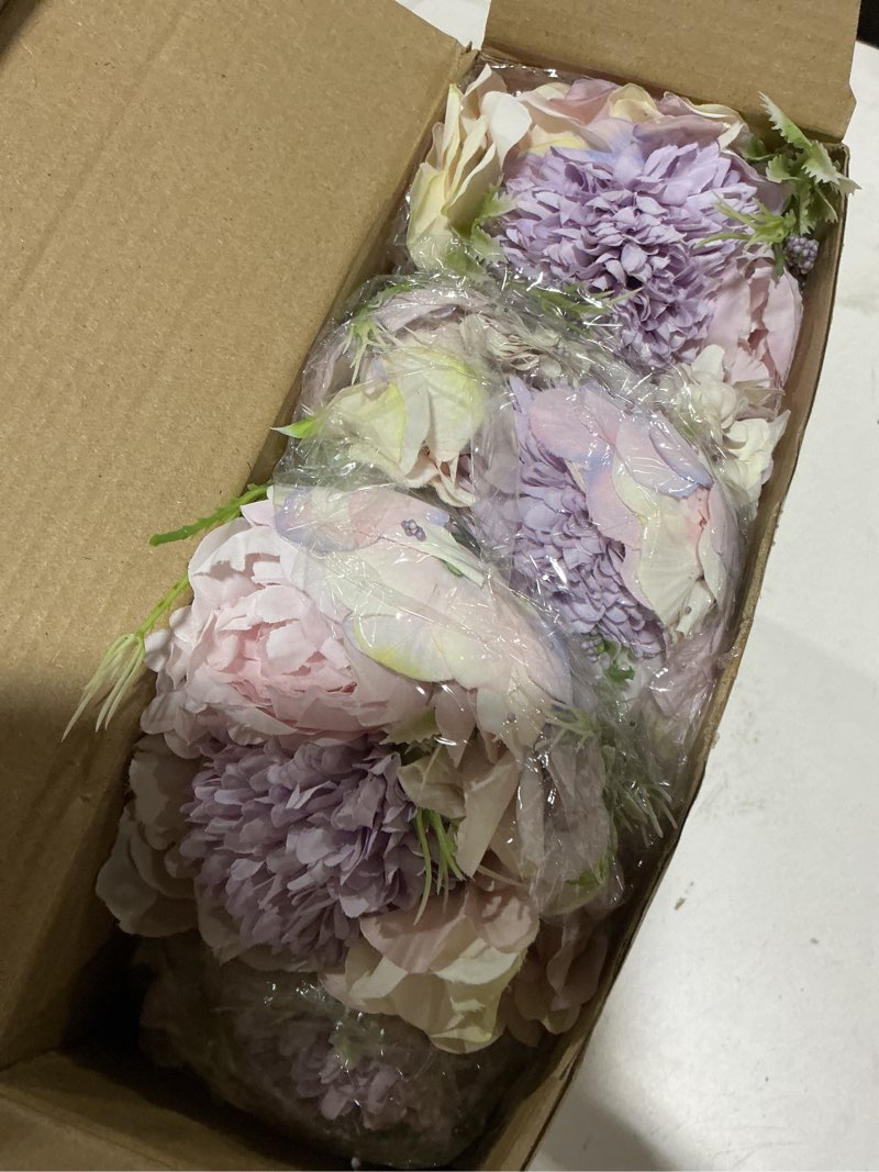 Condition photo showing Good Condition for lyrow 8 pcs peony artificial flowers fake silk hydrangea bouquet elegant peony flowers for wedding decoration faux realistic floral for home party table centerpieces arrangement (light purple) 8 light purple