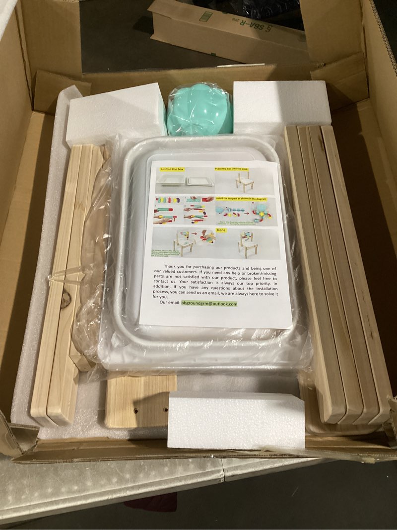 Condition photo showing New/Like New for sand and water table for toddlers,5 in 1 kids wooden sensory activity table with 2 storage boxes,acrylic drawing board,spiral water slide and suction cup windmill,beach digging accessories