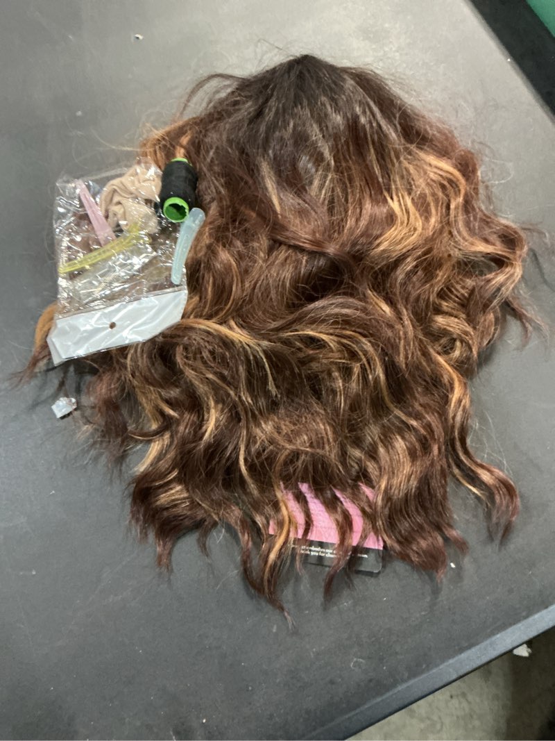 Condition photo showing As Is for eawwii brown highlight short wavy wig for women lace hairline bob style synthetic heat resistant - natural appearance for everyday hairstyle 14 inch 14 inch brown highlight