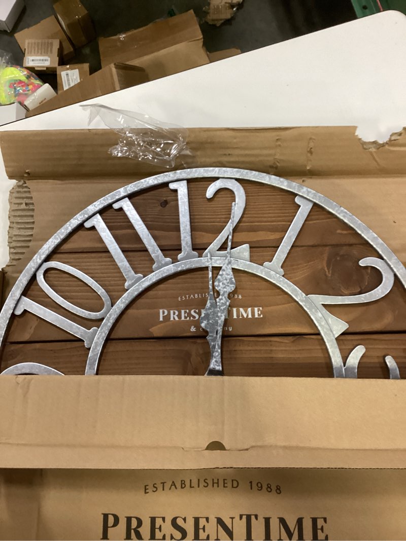 Condition photo showing Good Condition for presentime & co vintage farmhouse series, galvanized rustic barnwood clock, 19.5 inch, galvanized finish arabic numerals with weathered natural barnwood, farmhouse décor/wall décor