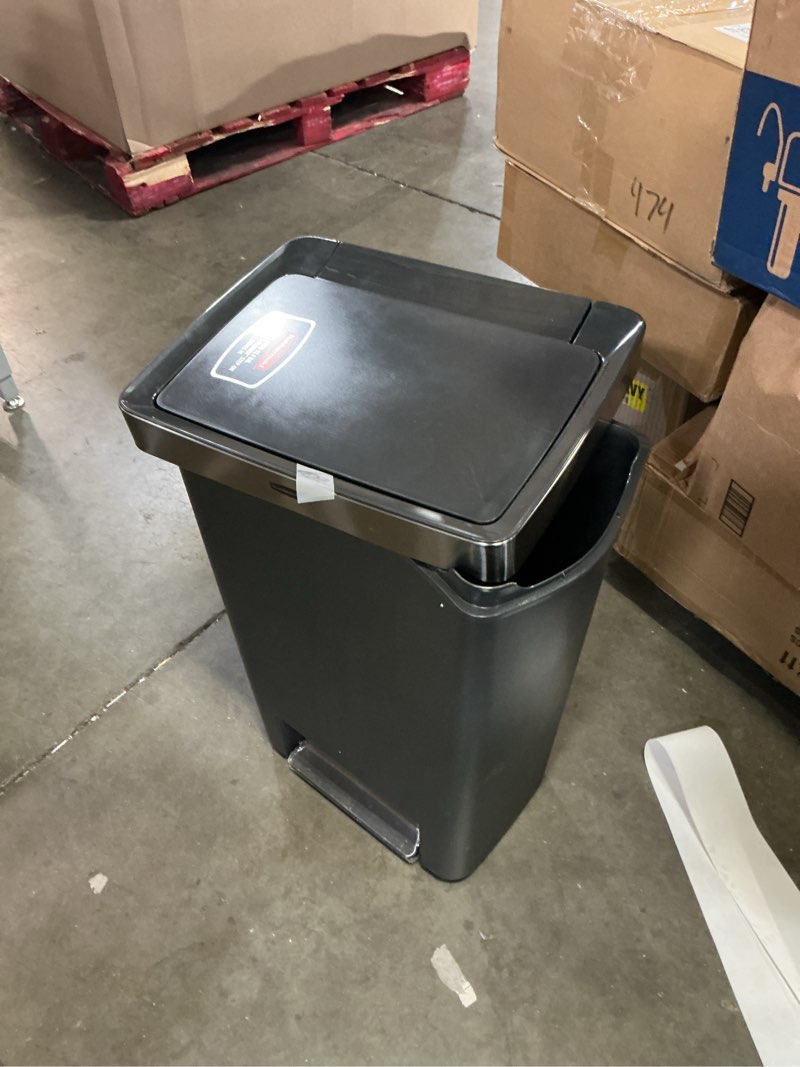 Condition photo showing As Is for rubbermaid premier high-capacity step-on trash can, 19 gallon, single or dual stream trash or recycling, charcoal, stainless-steel rim, lid lock, quiet lid, for home/kitchen/garage/apartment