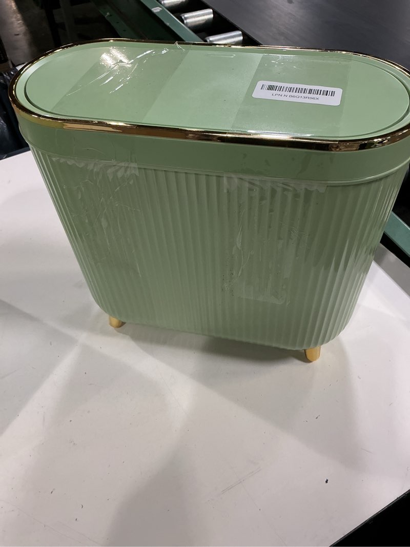 Condition photo showing As Is for bathroom trash can with lid 3.2 gallon narrow trash can small plastic trash bin 12 liter with press type lid for bedroom bathroom, mint green