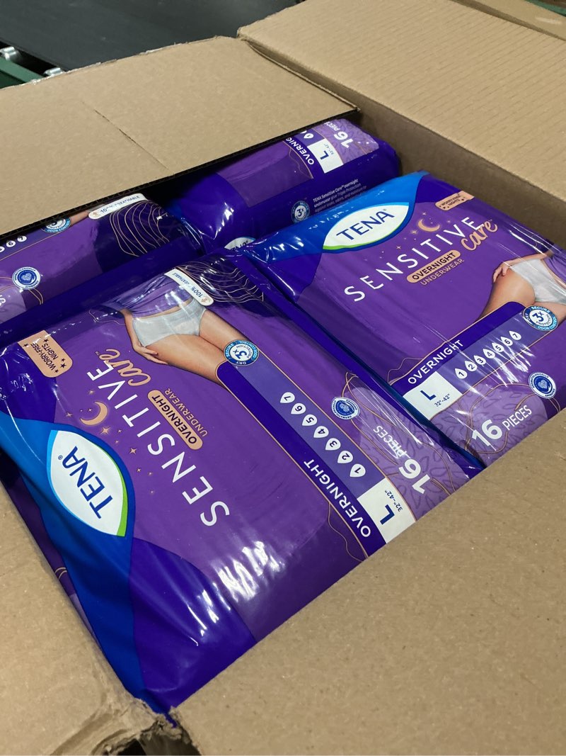 Condition photo showing New/Like New for tena sensitive care overnight incontinence underwear for women, adult diapers, large (waist sizes 32in–42in), better fit, 64 count (4 packs of 16) large 64