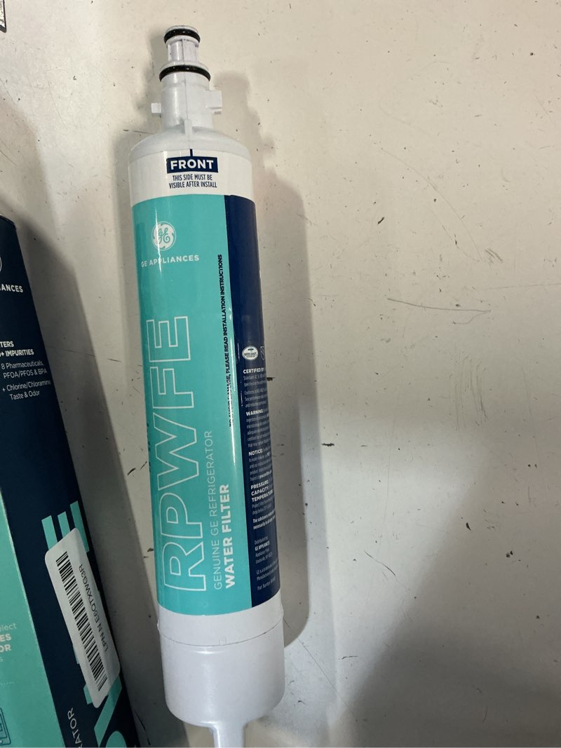 Condition photo showing As Is for ge rpwfe refrigerator water filter, genuine replacement filter, certified to reduce lead, sulfur, and 50+ other impurities, replace every 6 months for best results, pack of 1