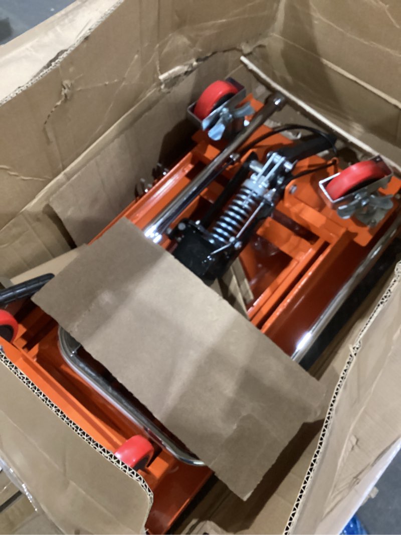Condition photo showing As Is for VEVOR Hydraulic Lift Table Cart, 500lbs Capacity 28.5" Lifting Height, Manual Single Scissor Lift Table with 4 Wheels and Non-Slip Pad, Hydraulic Scissor Cart for Material Handling, Orange Orange 500lbs Single Scissor