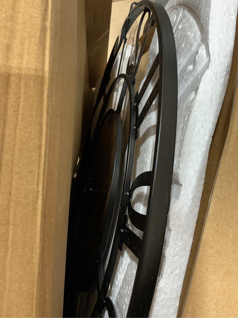 Condition photo showing Good Condition for large metal wall clock, 24 inch retro decorative silent, non ticking, battery operated modern big wood wall clock for living room, farmhouse, bedroom, fireplace, kitchen, office, home decor black arabic 24in