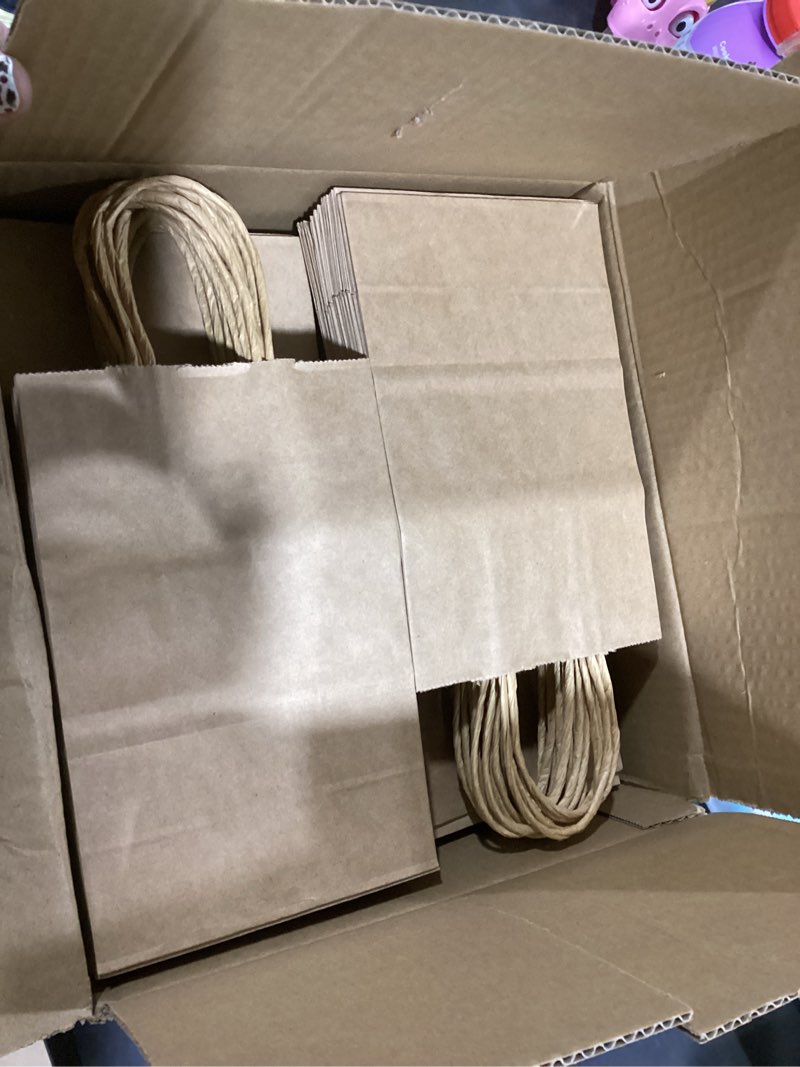 Condition photo showing New/Like New for SUNCOLOR Brown Kraft Paper Bags 100 Pack | 7.9 x 5.12 x 3.15 Inches Small Gift Bags with Handles for Party Favors, Goodies & Small Business Retail