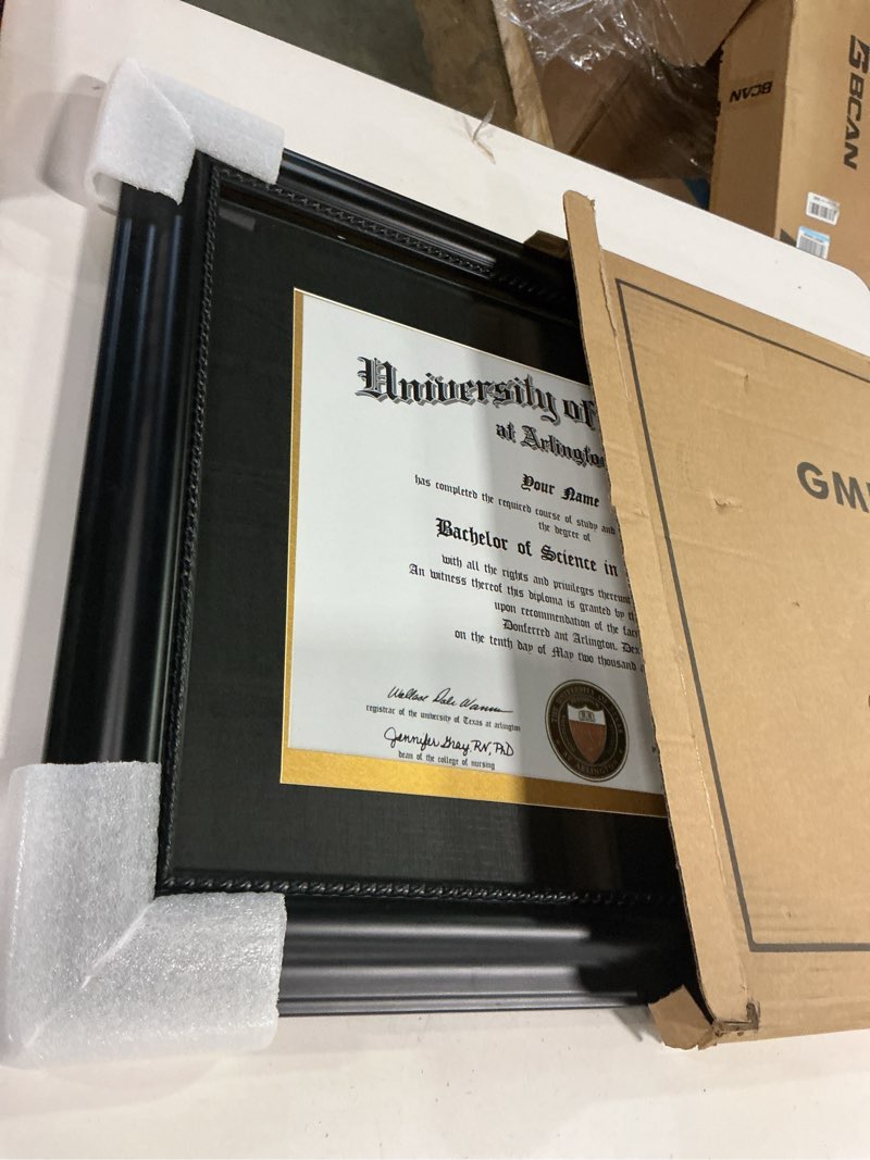 Condition photo showing Good Condition for GMFrames 11x14 Diploma Degree Frame with Mat or Display 15x18 Certificates without Mat,Solid Wood,Black Finish with Intricate Black Rope Detail,UV Protection Acrylic Black 15x18 for 11x14 with Mat