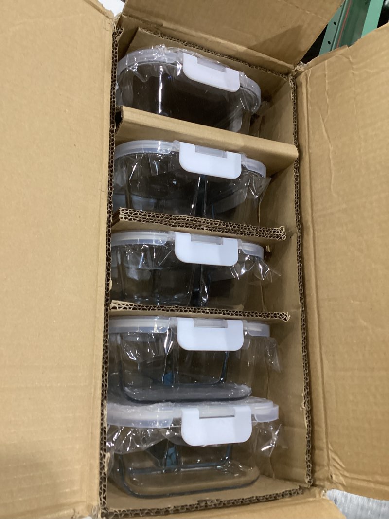 Condition photo showing New/Like New for KOMUEE Glass Meal Prep Containers 3 Compartments, 5 Pack 36 oz, Glass Food Storage Containers with Lids, Airtight Lunch Bento Box, Portion Control, Freezer and Microwave Safe Gray