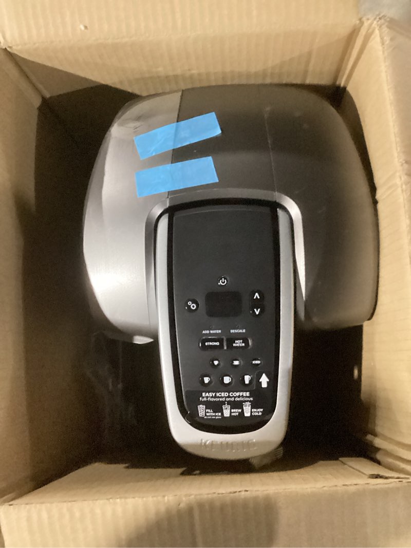 Condition photo showing As Is for keurig k-elite single serve k-cup pod coffee maker, with strength and temperature control, iced coffee capability, 8 to 12oz brew size, programmable, brushed slate