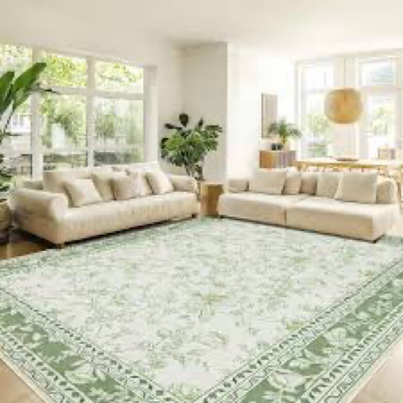 Sage Green Area Rugs 8x10 for Living Room Boho Washable Large Floral Floor Covering, 8 x 10 Cream Be