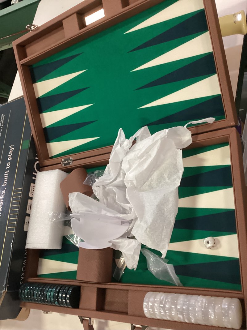 Condition photo showing Good Condition for 19 Inch Premium Backgammon Sets for Adults Leather Brown - Green. Premium 1.6 Inch Checkers & Dice Set, Travel Backgammon Set, Large, Backgammon Board Game, Backgammon Game Set Brown Case - Green Field 19 Inch - Large