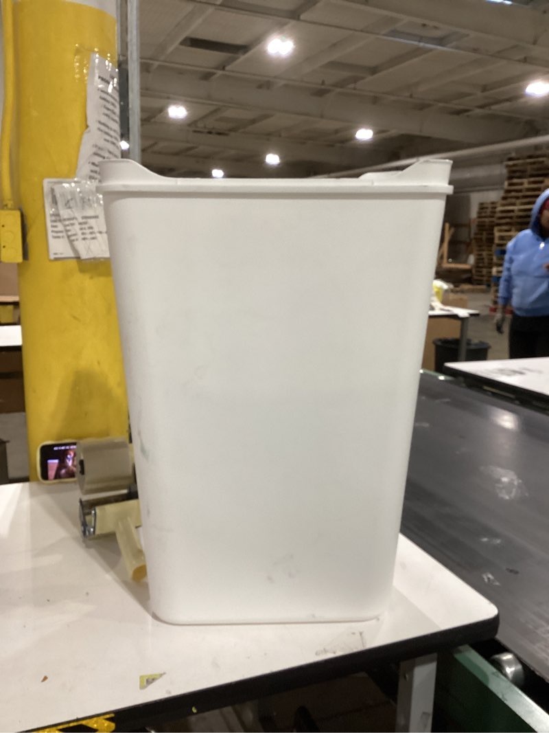 Condition photo showing As Is for MOXIE 12.2 Gallon White Resin Indoor Kitchen Swing/Push Lid Trash Can