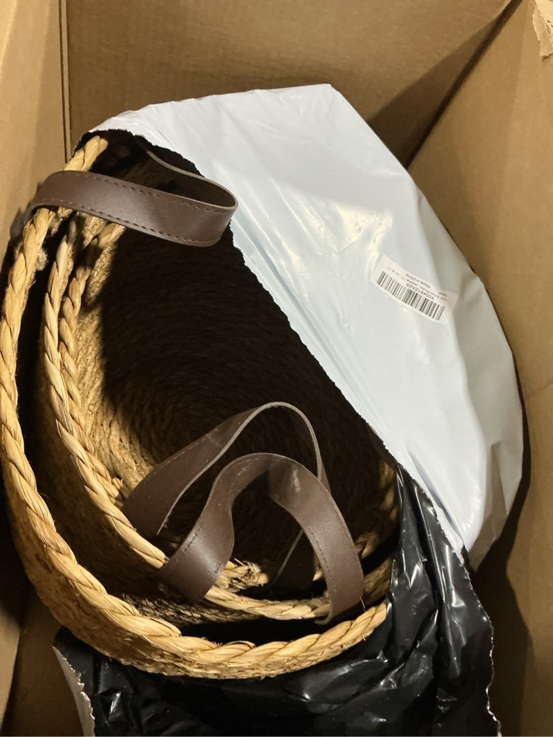 Condition photo showing Good Condition for GIB Round Wicker Woven Seagrass Storage Baskets with Leather Handles Set of 3, Natural Decorative Braided Rope Wicker Baskets Bins for Shelves Blankets Organizing, 13", 12" & 11"