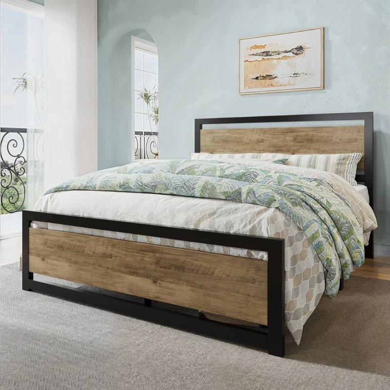 Incomplete)))Allewie Queen Bed Frame, Metal Platform Bed Frame with Wooden Headboard, 12.4\" Under-Bed Storage, Brown