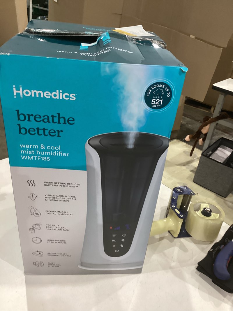 Condition photo showing As Is for homedics ultrasonic humidifier – large deluxe air humidifiers for bedroom, plants, office – cool and warm mist humidifiers, essential oil pads and built-in timer, 5 mist settings, white and black