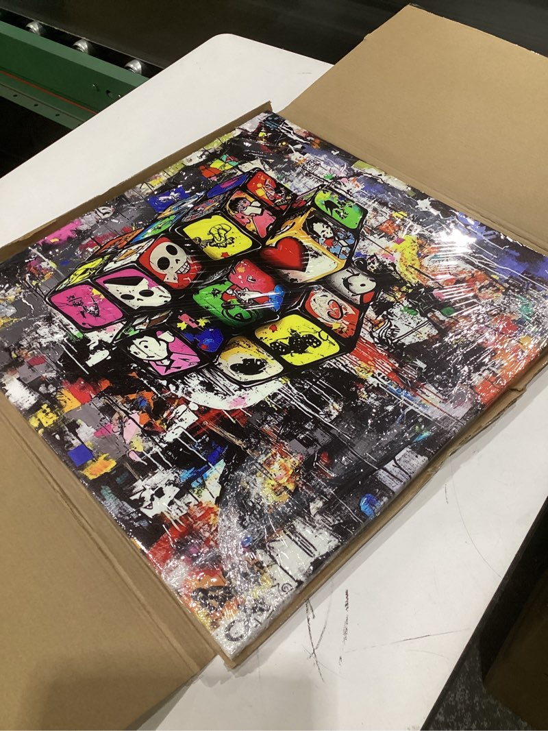 Condition photo showing Good Condition for ypxzzj modern abstract canvas wall art for living room graffiti street poster pictures paintings for bedroom urban pop wall decor for home framed ready to hang(20''x20'') cube wrapped canvas 20"l x 20"w