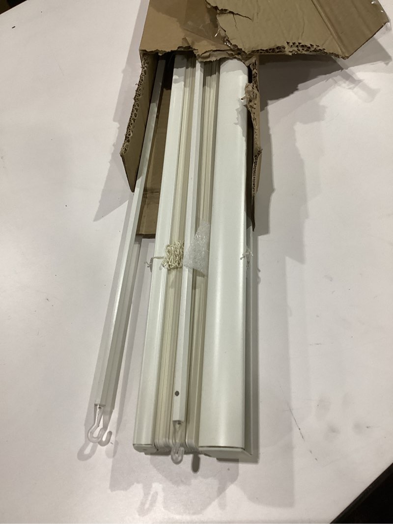 Condition photo showing As Is for no drill no tool 1\" vinyl mini blinds, light filtering horizontal window blinds & shades, cordless blinds for windows, 47\" w x 72\" h, white white 47\"w x 72\"h, similar to stock photo