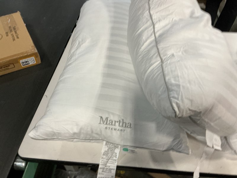 Condition photo showing As Is for Martha Stewart Hotel Collection Pillow 500 Thread Count Damask Stripe Embroidered Feathers Soft Hypoallergenic 100% Cotton King Size Set of 2 White King Size Set of 2