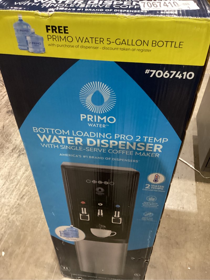 Condition photo showing As Is for Primo Bottom-Loading Water Dispenser - 2 Temp (Hot-Cold) Water Cooler Water Dispenser for 5 Gallon Bottle w/Child-Resistant Safety Feature, Black and Stainless Steel