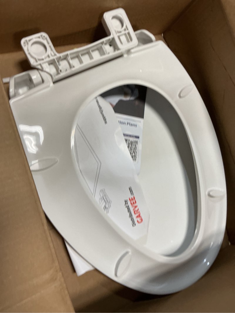 Condition photo showing As Is for durable elongated toilet seat with slow soft close - easy to install and clean, never loosens - white, fits most elongated toilets white elongated without toddler seat