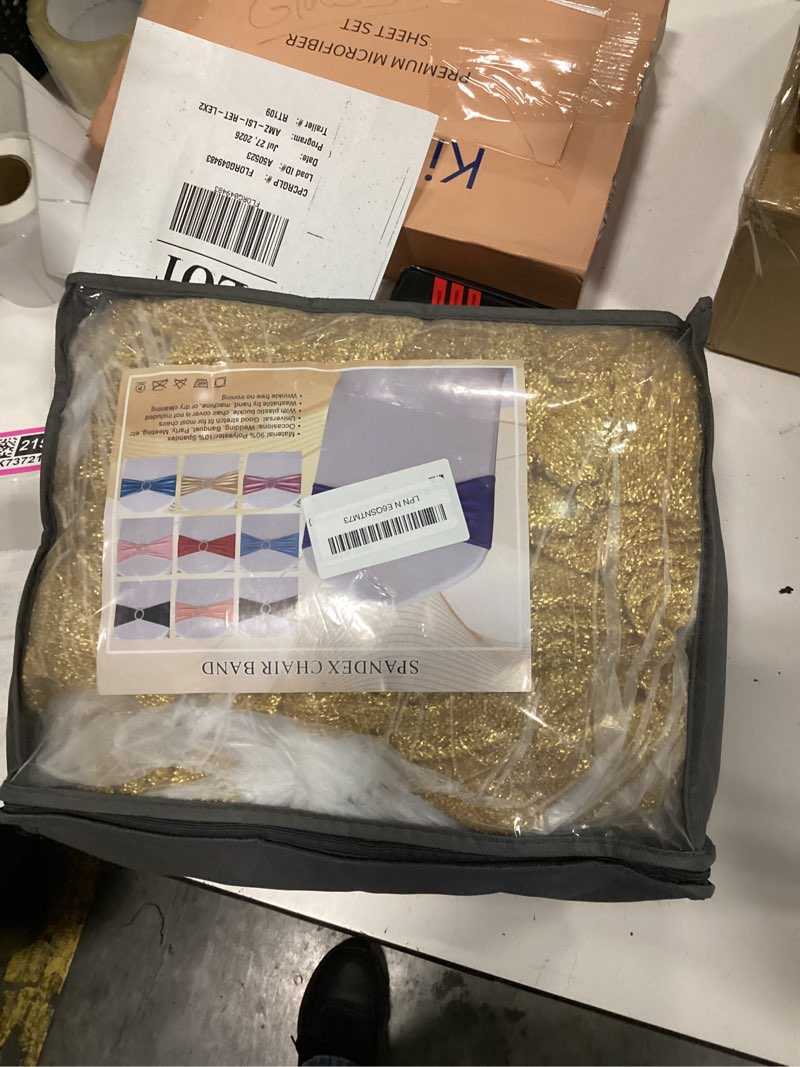 Condition photo showing New/Like New for gold chair sashes 100 pack, spandex sashes for chairs wedding reception, stretch chair bands bows for party banquet theme event decor 100 pieces metallic gold
