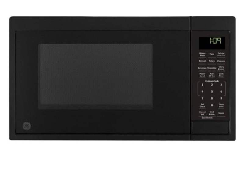 ge countertop microwave oven, compact 0.9 cubic ft., 900-watt capacity, 7 auto cooking settings, child-lock technology, kitchen essentials for the countertop, dorm room or apartment, black 0.9 cu.ft. black