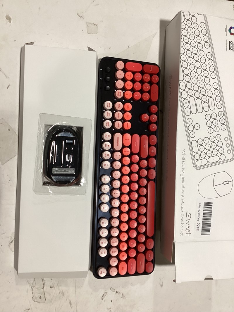 Condition photo showing As Is for wireless keyboard and mouse combo, 2.4ghz retro full-size typewriter keyboard with number pad and wireless mouse for pc/laptop/desktop/windows (black red)