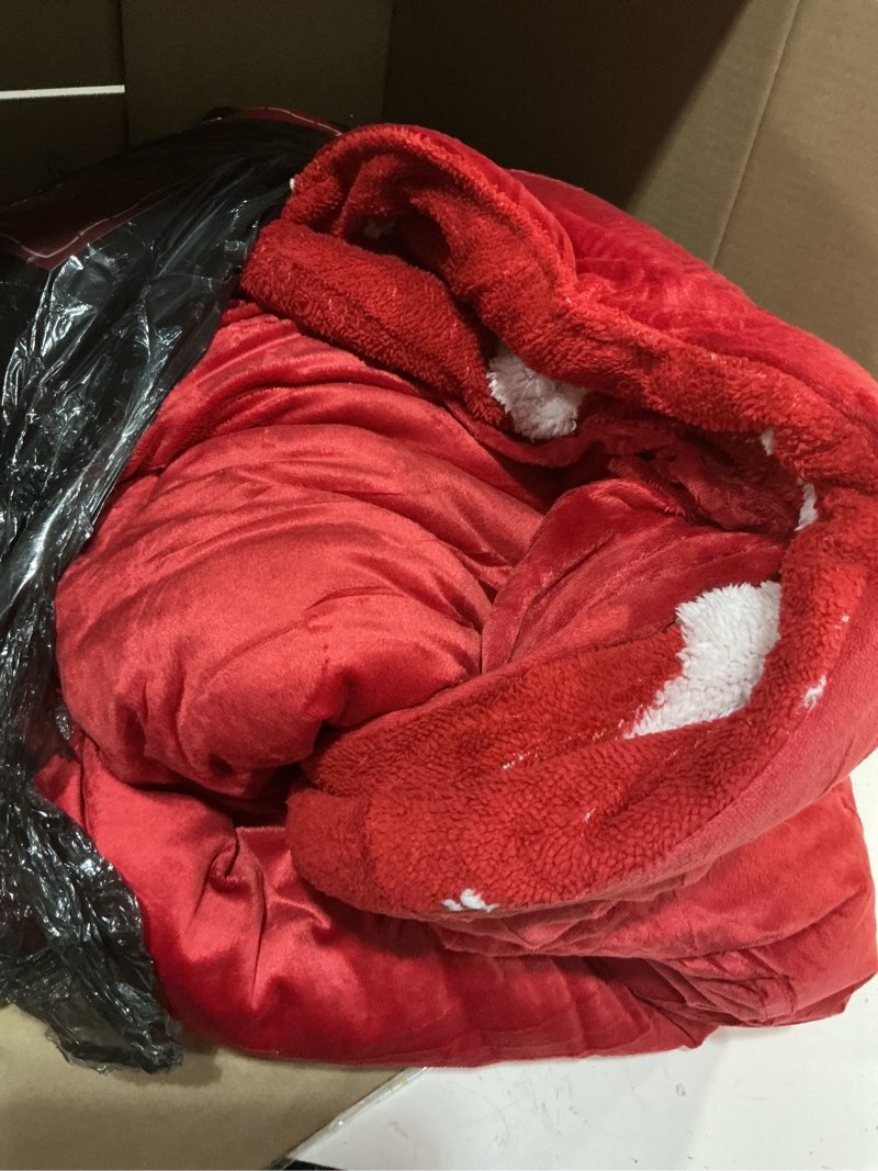 Condition photo showing As Is for bedsure fluffy christmas comforter set king - christmas reversible sherpa fleece bedding, red warm bed sets for winter, 3 pieces, 1 soft plush shaggy comforter with 2 pillowcases king 03 - red - reversible
