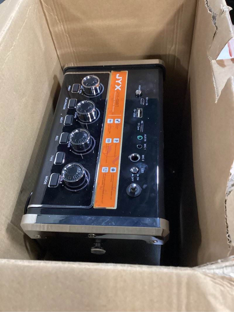 Condition photo showing As Is for JYX Karaoke Machine with 2 Wireless Microphones, Portable Bass/Treble Bluetooth Speaker with LED Light, Support TWS, AUX in, FM, REC PA System with Remote Control, Supply for Party/Adults/Kids 30 Watt-Black