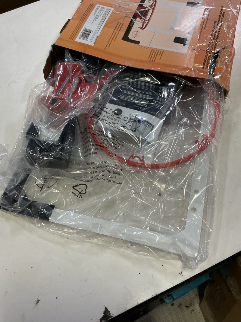 Condition photo showing New/Like New for sklz pro mini indoor basketball hoop with ball, over the door, shatter-proof backboard, spring-action break-away steel rim, great for home, dorm room, and office flip rim