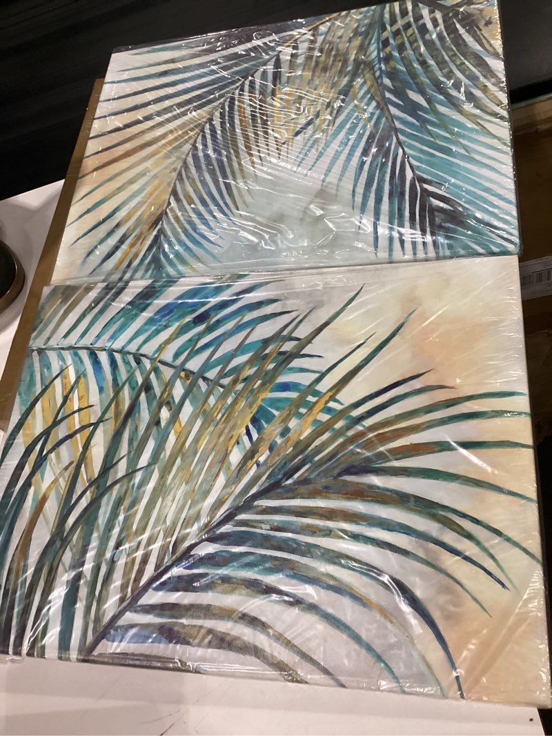 Condition photo showing Good Condition for leaf canvas painting wall art: 2 pieces turquoise teal palm picture tropical plant leaves artwork print modern abstract watercolor tropical botanical graphic theme for bedroom living room 24"x18"x2pcs green