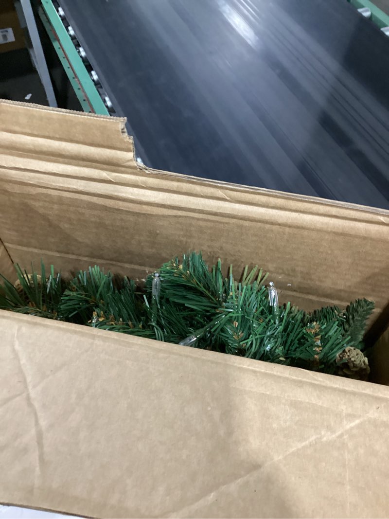 Condition photo showing Good Condition for national tree company 9 ft pre-lit carolina pine artificial christmas garland, christmas decoration with pinecones, 100 warm white led lights, 240 tips, timer, green battery operated tree