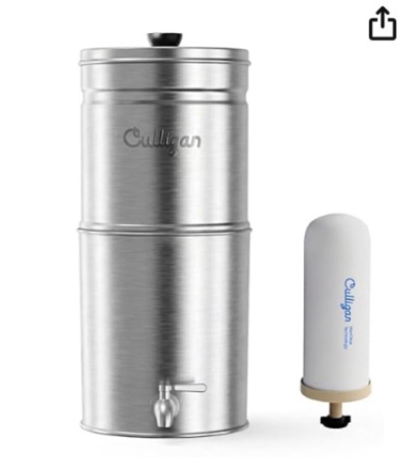 culligan maxclear 3 gallon gravity water filter system, brushed stainless-steel countertop water filter nsf/ansi certified to reduce microplastics, lead & total pfas, with 1 ceramic filter