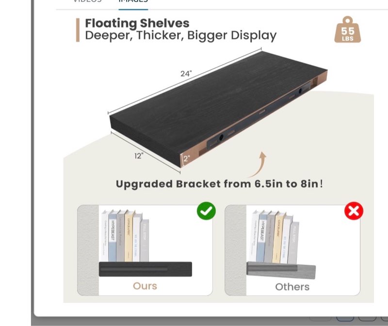 heimlove 12" deep black floating shelves for wall, 24 inch shelf bathroom shelves set of 2, mounted 