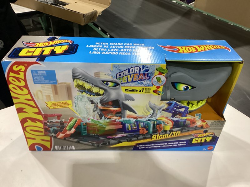 Condition photo showing New/Like New for Hot Wheels City Track Set, Ultra Shark Car Wash with 1:64 Scale Color Reveal Toy Vehicle, Repeat Color-Change Feature, Storage