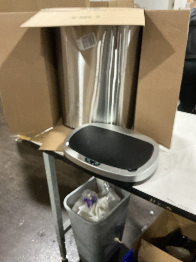 Condition photo showing As Is for Amazon Basics Smudge Resistant Rectangular Trash Can with Soft-Close Lid, Foot Pedal, Removable Inner Bucket, 5L/1.32 Gal, Brushed Stainless Steel, for Bathroom & Small Space, Satin Nickel Finish Satin Nickel Mini, 5L/1.32 Gal