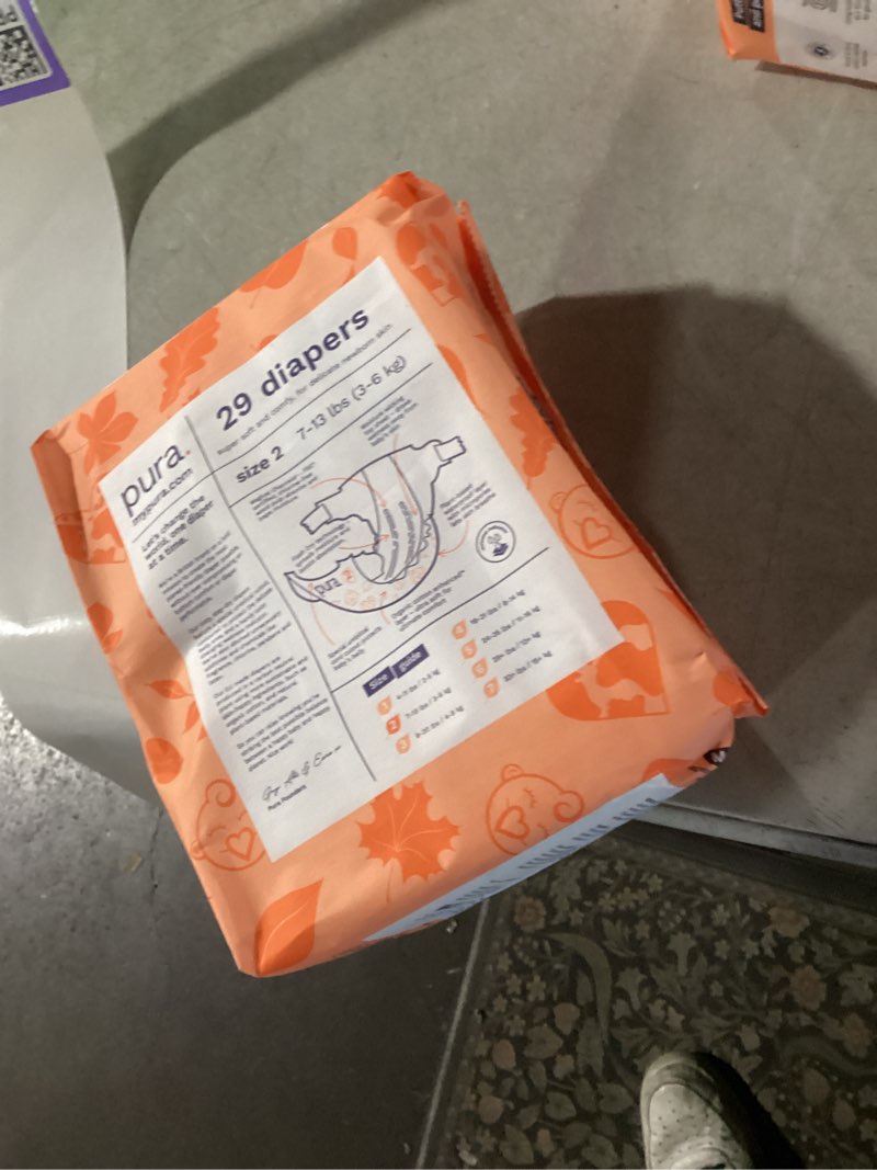 Condition photo showing New/Like New for pura hypoallergenic diapers, size 2 (7-13 lbs) totally chlorine free, wetness indicator, suitable for sensitive skin, soft organic cotton comfort, overnight, 1 pack of 29 baby diapers size 2 29