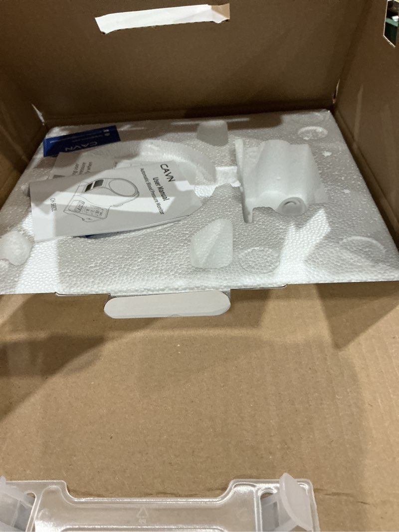 Condition photo showing New/Like New for cavn blood pressure monitor, one-touch barrel-type upper arm blood pressure monitors for home use, no-wrap auto-fit design, fits arms 7.1"-16.5", 3-color backlight, 2 users 2×99 memory white