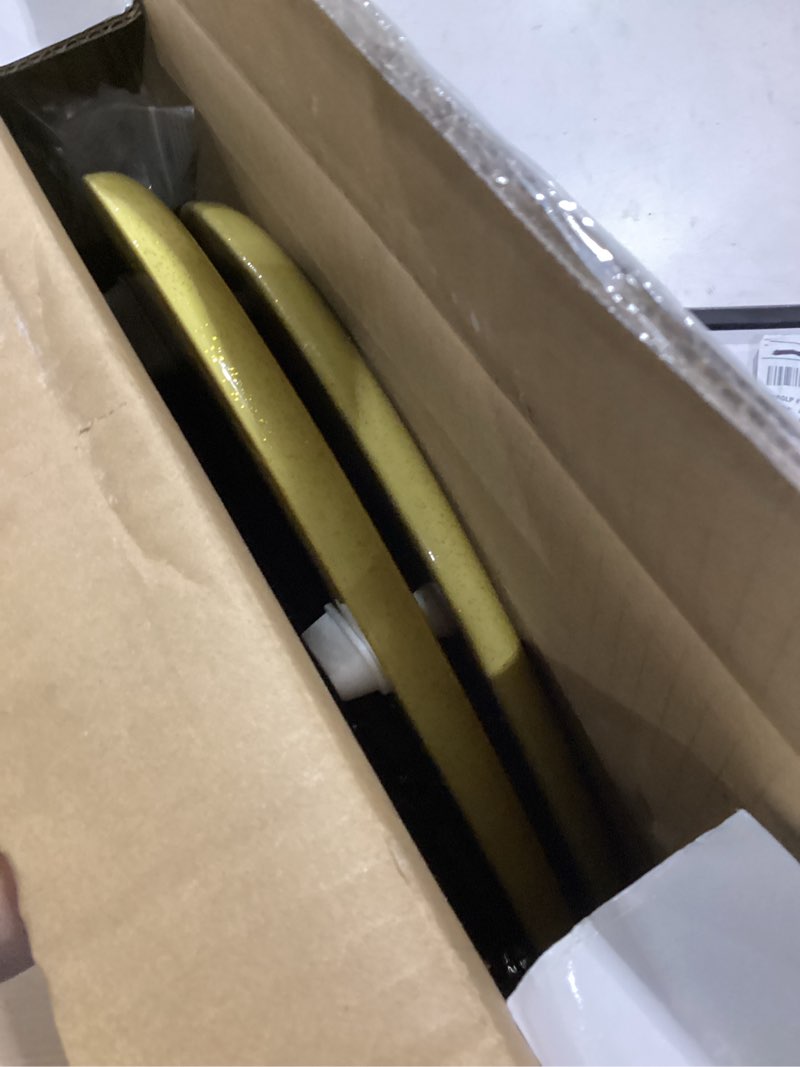 Condition photo showing As Is for angol shiold glitter toilet seat molded wood elongated toilet seat with quietly close and quick release hinges, easy to clean also easy to install (elongated 18.5'', yellow) elongated 18.5‘’ yellow