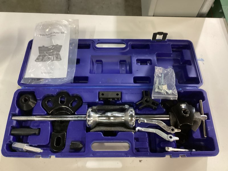 Condition photo showing As Is for orion motor tech 9-way slide hammer puller set, front wheel hub bearing remover & rear wheel axle hub dent shaft puller tool kit blue case
