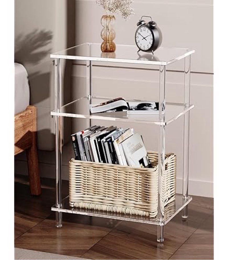 3 Tiers Acrylic End Table Side Table Storage Cart with Wheels for for Bedroom Living Room